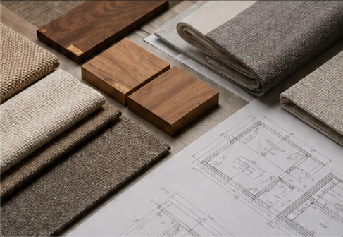 Wood finishes, upholstery swatches and furniture drawings — material direction illustration