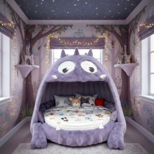 Luxury Plush Purple Monster Kids Bed - 3D Creature Tent Style Children's Bedroom Furniture with Soft Fur for Boys and Girls