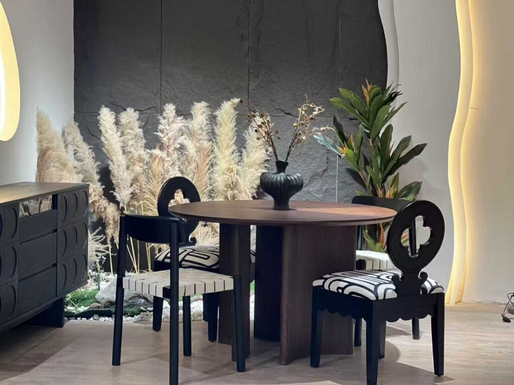 French Vintage Solid Wood Round Dining Table Set – Clover Backrest Chairs with Walnut Finish for Modern Home, Cafe & Designer Space