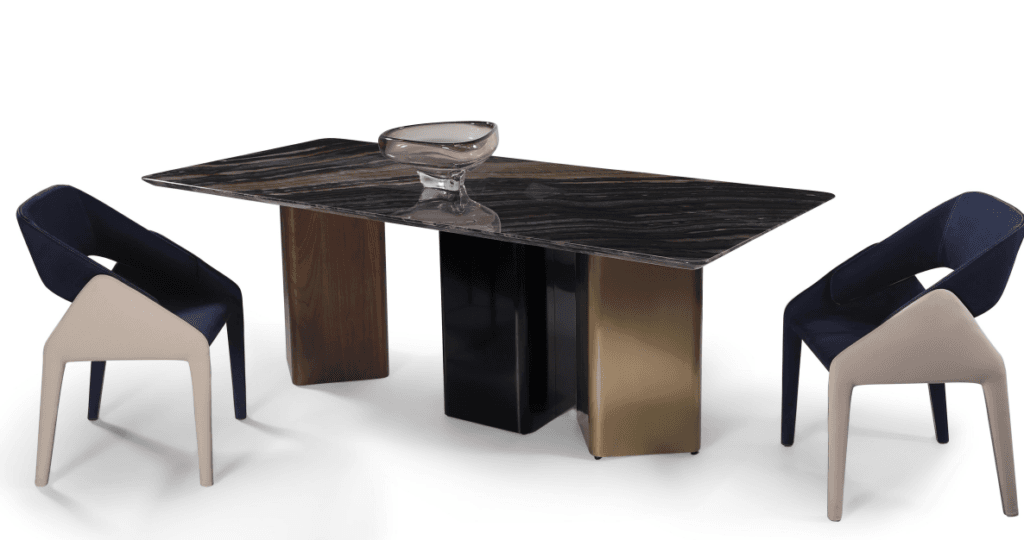 Italian Minimalist Black Marble Dining Table Set – Natural Luxury Stone Top with Multi-color Metal Base and Modern Chairs for Luxury Home, Villa & Showroom
