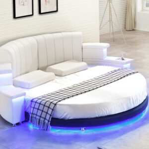 Modern Round Leather Bed with LED Lights - Romantic Bedroom Furniture for Master Bedroom, Hotel & Airbnb