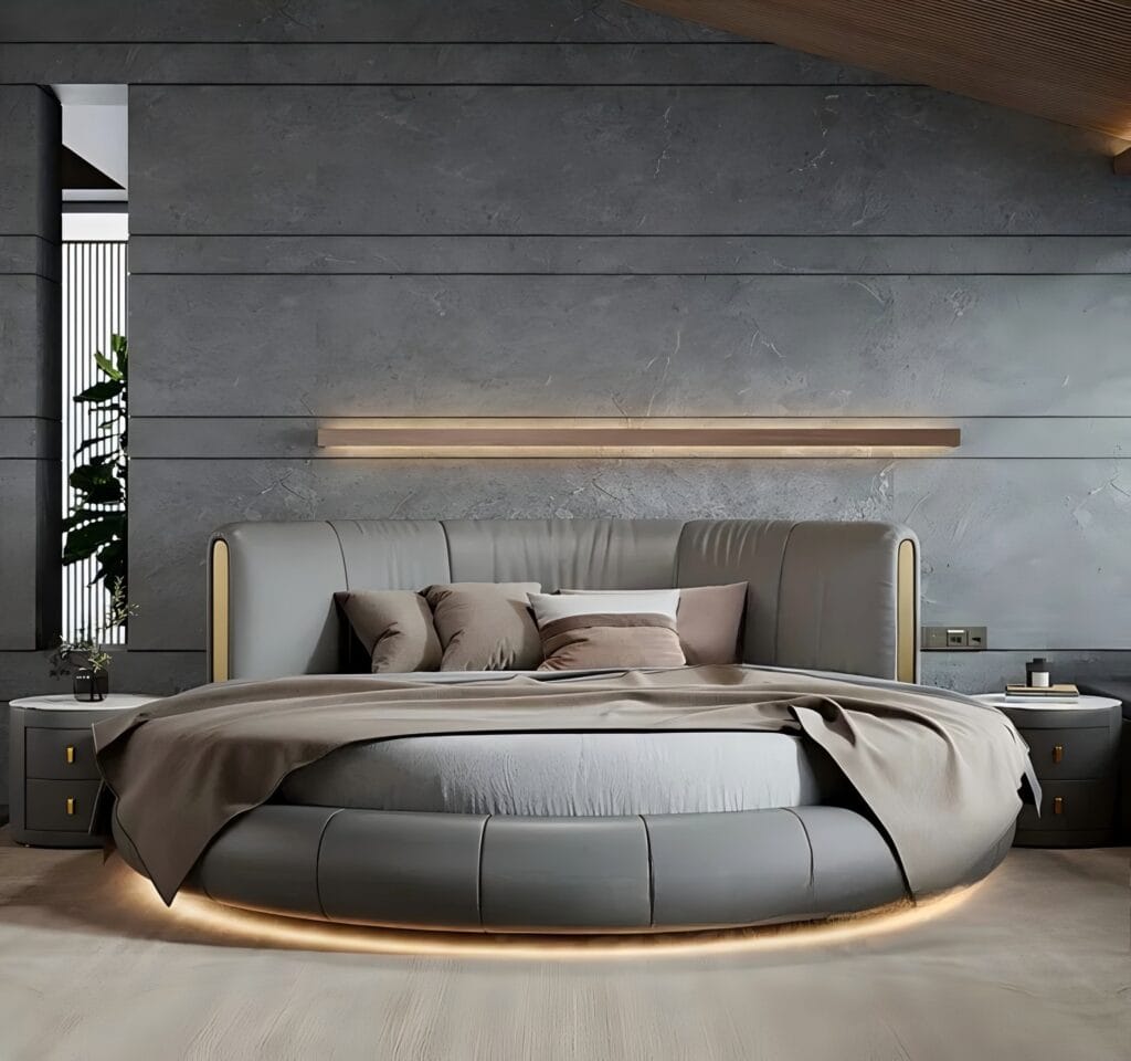 Modern Italian Design LED Leather Round Bed – Luxury Bedroom Furniture with Ambient Lighting for Villa, Apartment & Hotel