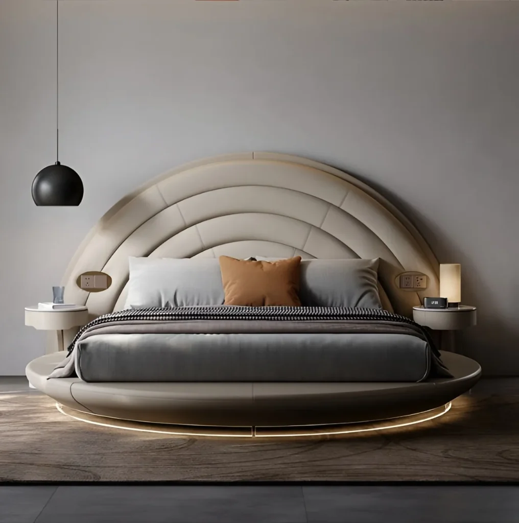 Luxury Modern Round Leather Bed | Floating Platform with Integrated LED Lighting & Curved Headboard | King Size Upholstered Bedroom Furniture with Nightstands