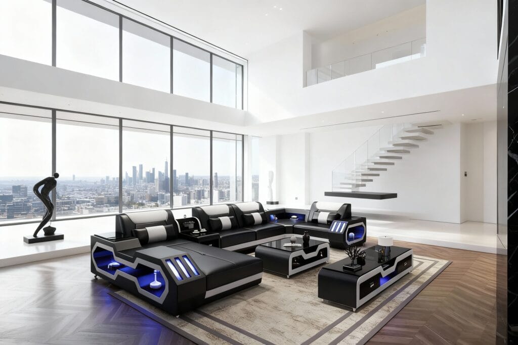 Canapé modulable moderne en cuir noir avec enceinte Bluetooth, éclairage LED, port USB et rangements – Mobilier haut de gamme pour la maison connectée
