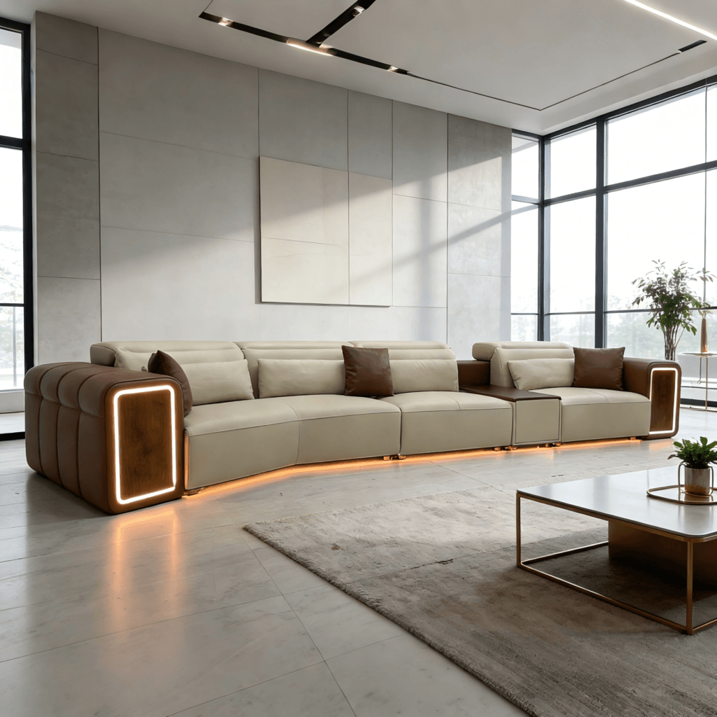 Modern Italian Design LED Leather Sectional Sofa Set – Luxury Living Room Furniture with Ambient Lighting for Villa, Apartment & Hotel