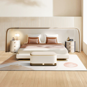Modern Curved Bed with Gold Trim, Upholstered Platform Bed Frame, Contemporary Queen/King Size Bed with Matching Bench for Master Bedroom, Luxury Furniture