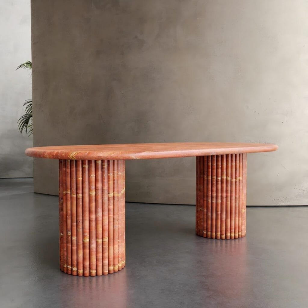 Bamboo-Inspired Solid Wood Oval Table, Natural Finish Dining Table with Column Base, Minimalist Japanese-Style Furniture for Modern Home or Zen Space