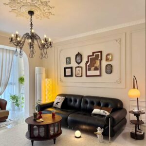 French Vintage Black Sugar Cloud Leather Sofa - Italian Minimalist 3-Seater Solid Wood Base for Living Room, Hotel Lobby & Designer Space