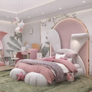 Luxury Pink Rabbit Kids Bed with Upholstered Ears - Modern Princess Theme Children Bedroom Furniture with Soft Velvet Fabric and LED Lighting for Girls Room Decor