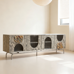 Modern Art Modular TV Cabinet - Gray Wood Grain with Colorful Fabric Inlay and Black Glass Doors for Living Room, Studio & Gallery