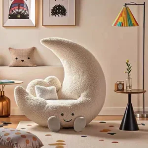 Moon Shape Plush Lazy Sofa Chair - Cute Kids Room Furniture with Smile Design for Bedroom, Living Room & Airbnb