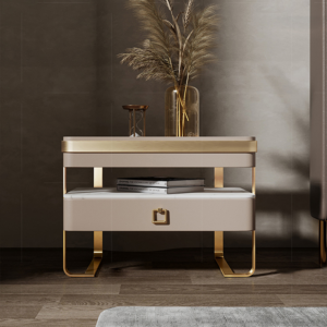 Italian Minimalist Luxury Bedside Table - Beige Leather with White Marble Top and Gold Stainless Steel Legs for Modern Bedroom, Villa & Hotel