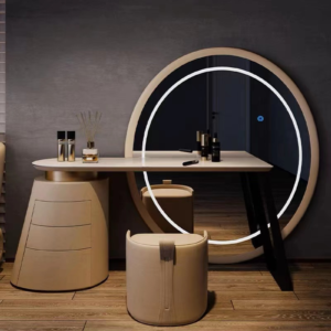 Modern LED Vanity Table with Round Mirror and Touch Control, Smart Makeup Desk with Storage Cabinet and Matching Stool for Bedroom or Master Suite
