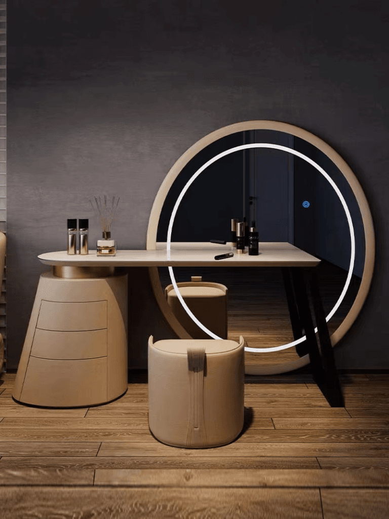 Modern LED Vanity Table with Round Mirror and Touch Control, Smart Makeup Desk with Storage Cabinet and Matching Stool for Bedroom or Master Suite