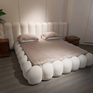 Modern Cloud Bubble Plush Bed - Creamy Velvet Upholstered Bed with Balloon Design for Master Bedroom, Kids Room & Airbnb