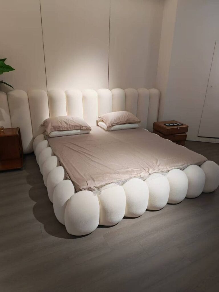 Modern Cloud Bubble Plush Bed – Creamy Velvet Upholstered Bed with Balloon Design for Master Bedroom, Kids Room & Airbnb