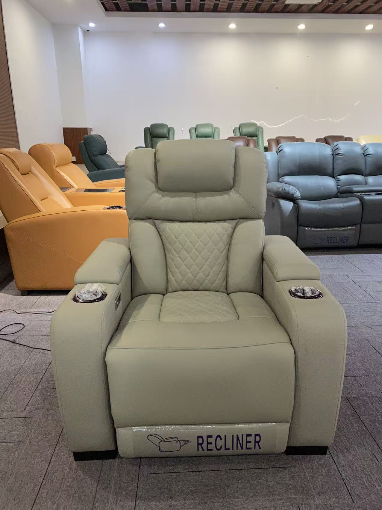 Electric cinema sofa cup holder and USB charging detail