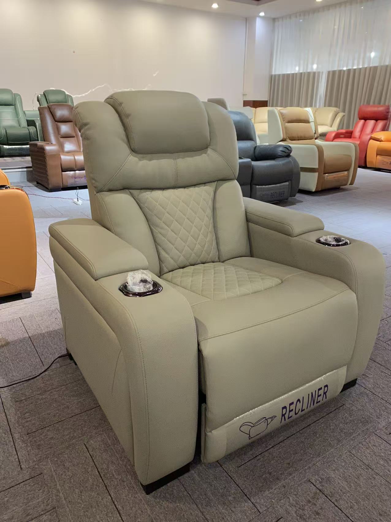 Luxury home theater room with 3-seater electric leather sofa