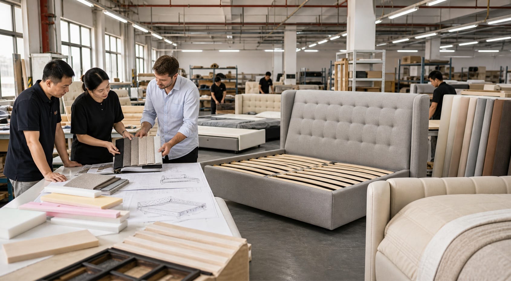 China bed manufacturer workshop for custom upholstered bed production and material review