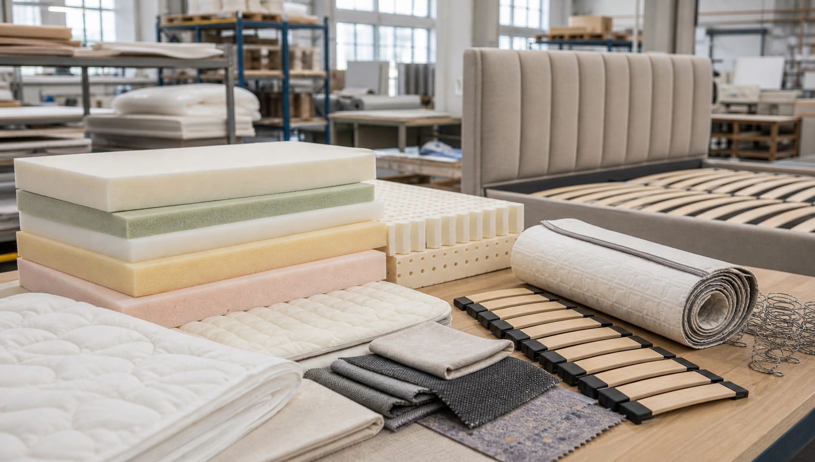 Mattress foam latex fabric and wood slat material layers for custom bed manufacturing