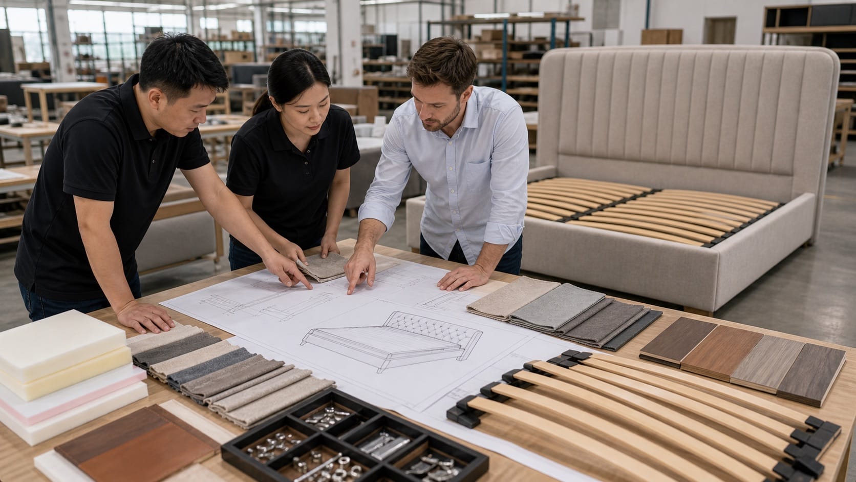 Custom bed specification review with drawings fabric swatches foam and wood slat samples