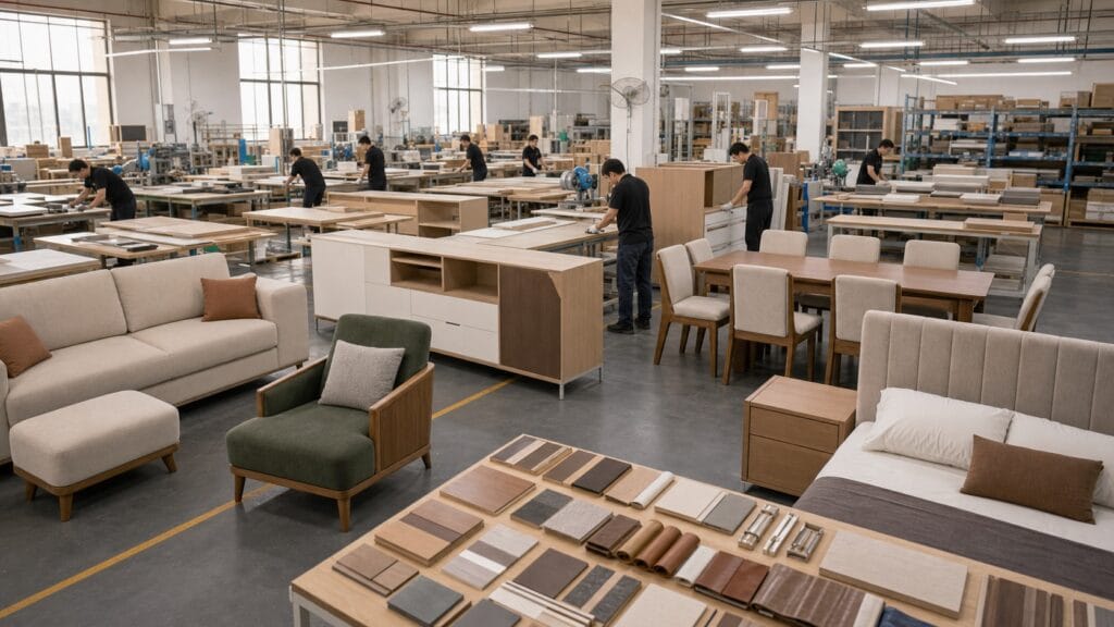 Custom furniture factory floor for OEM ODM sofa bed dining and cabinet production