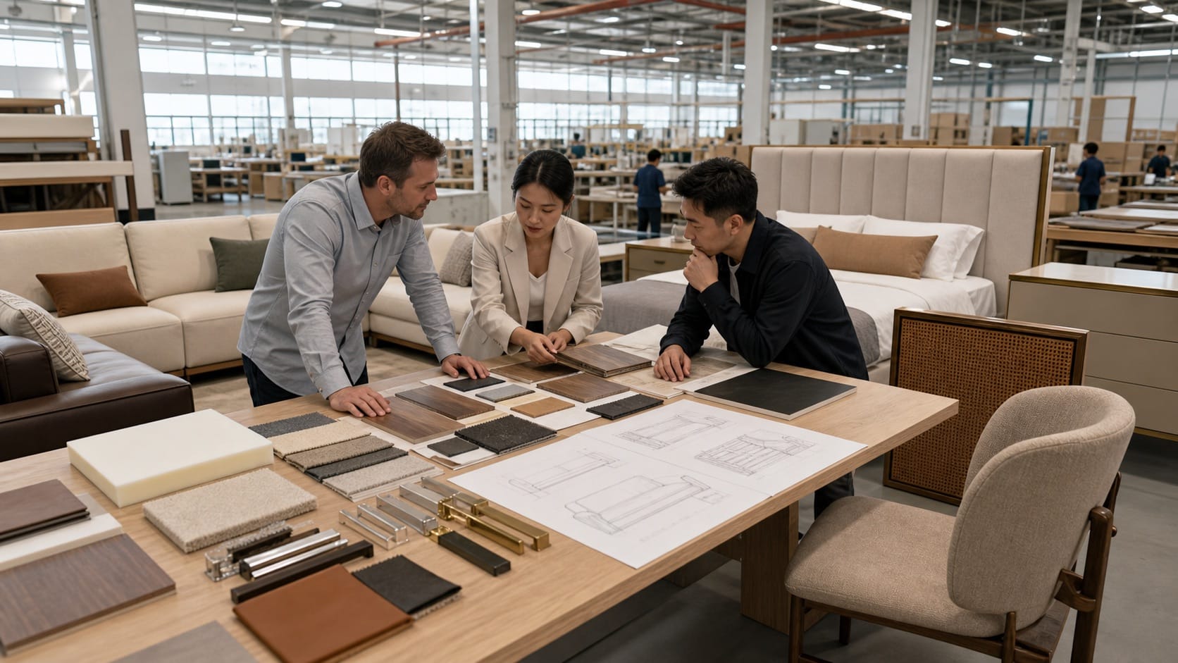 Custom furniture manufacturer China reviewing OEM ODM furniture materials drawings and samples