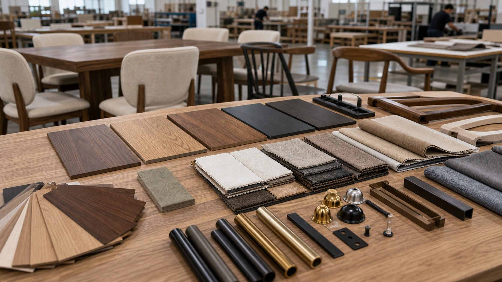 Dining furniture material board with wood finishes upholstery fabrics metal legs and hardware