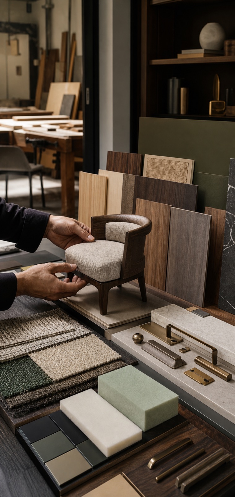Custom dining furniture material board with wood finish fabric and hardware samples