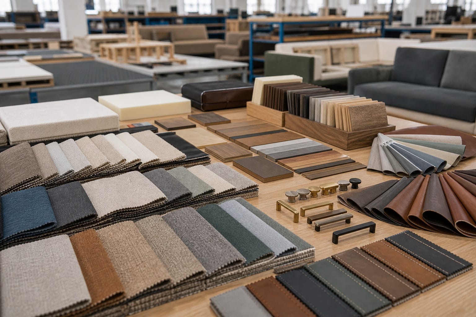 Furniture material samples including fabric leather wood veneer and hardware for custom orders