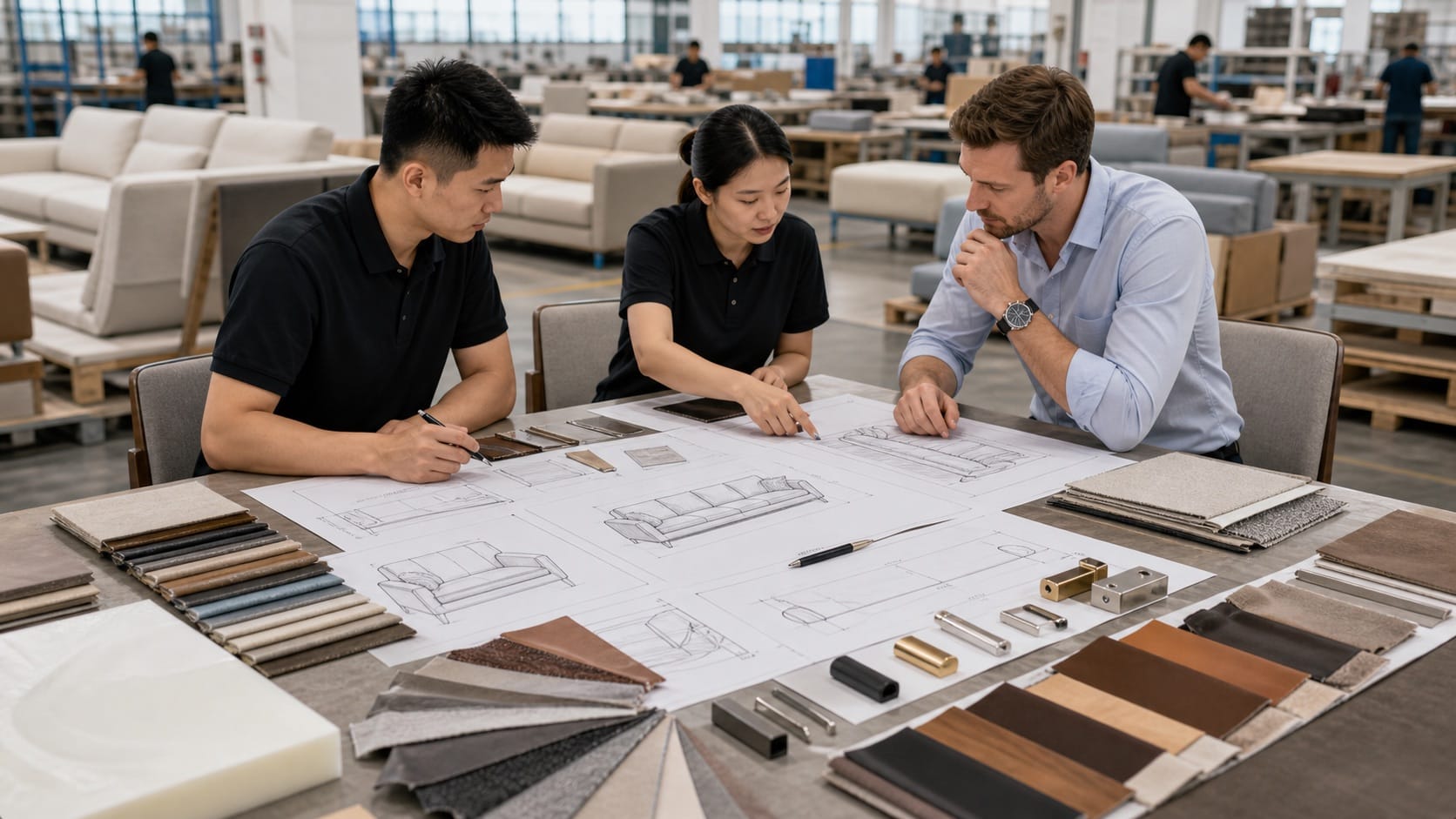 Custom furniture specification review with drawings materials and samples for OEM buyers