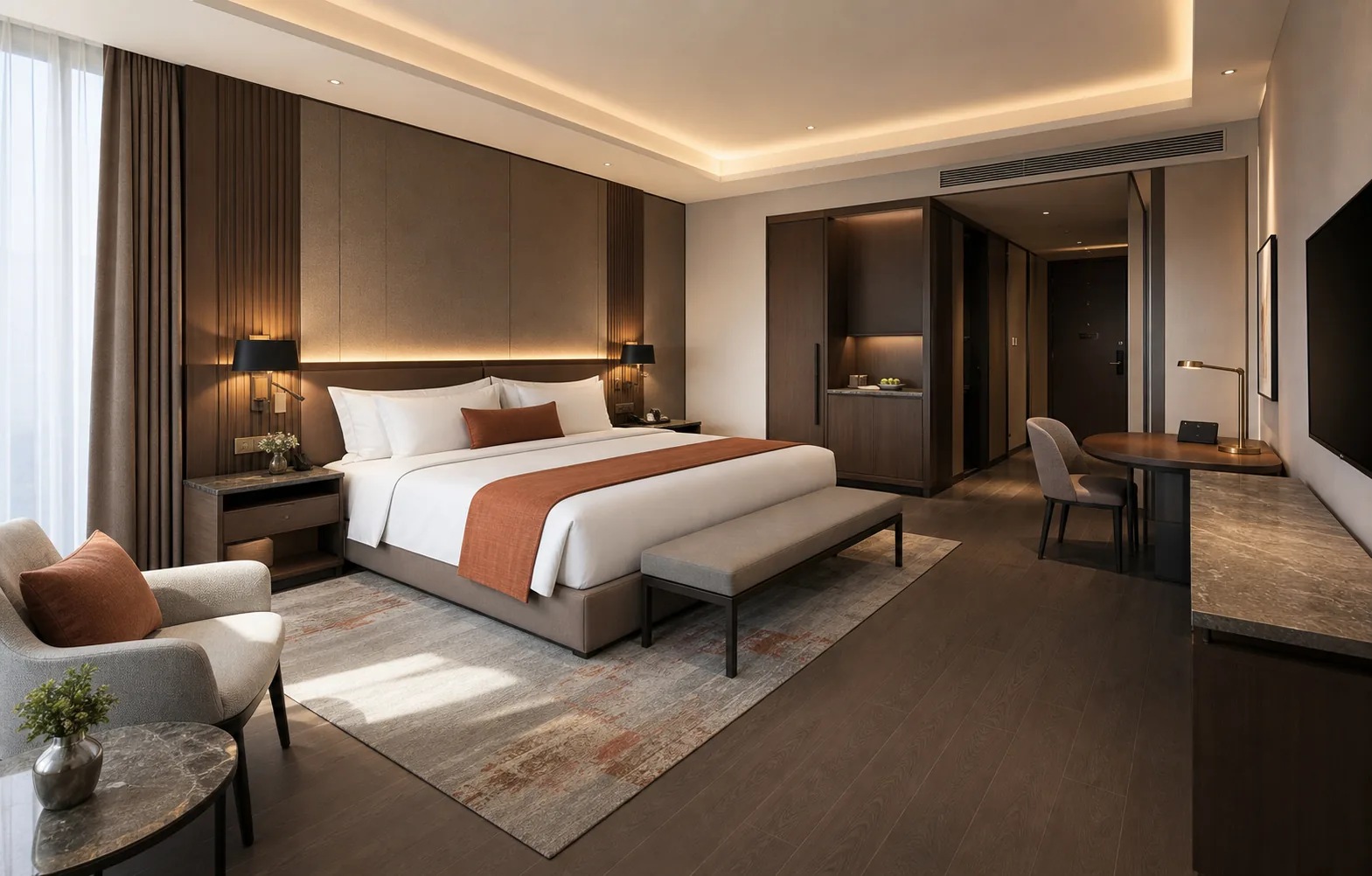 AI-generated design concept showing a coordinated custom hotel guest room furniture package