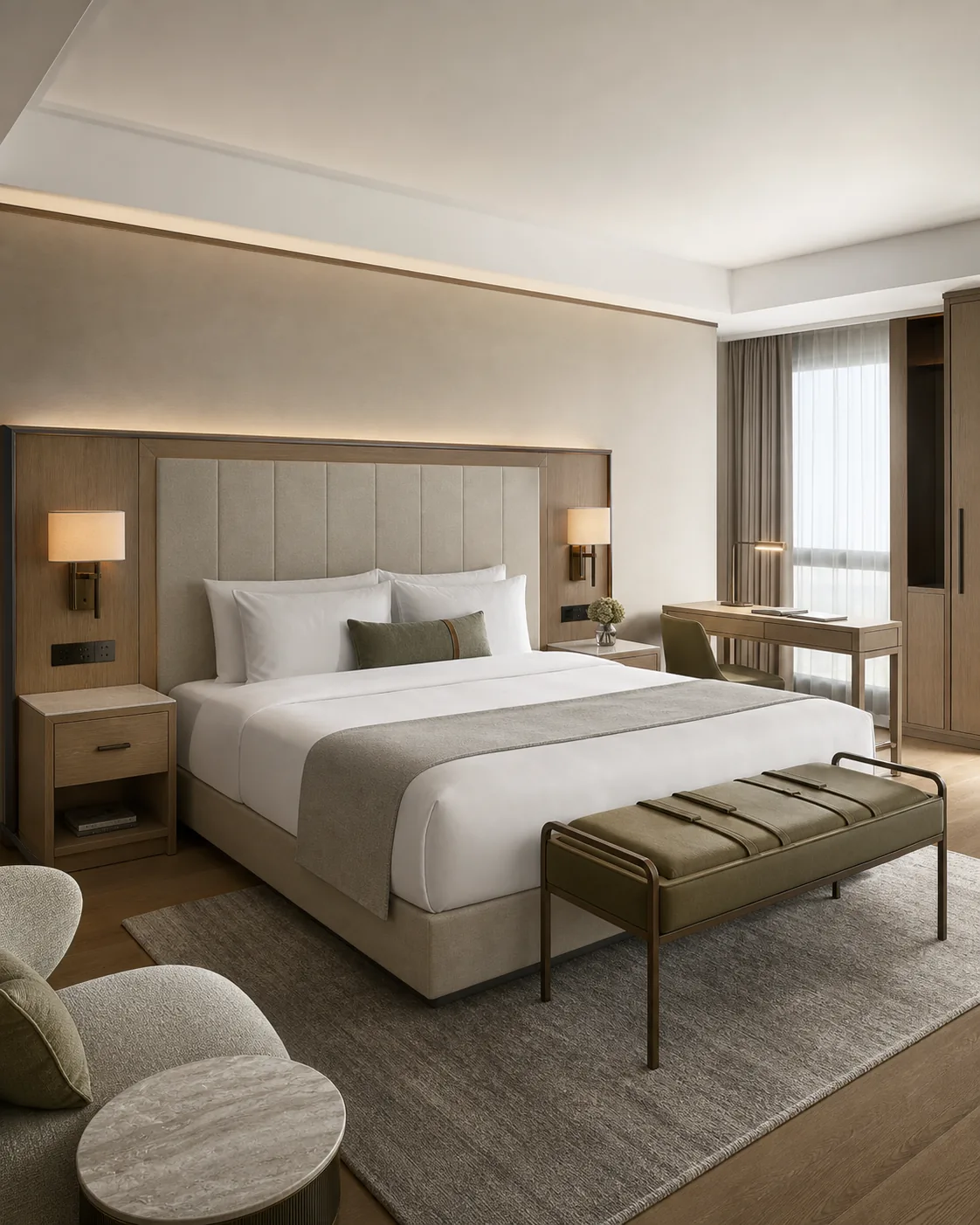 AI-generated guest room concept showing custom hotel bed, nightstands, desk and luggage bench