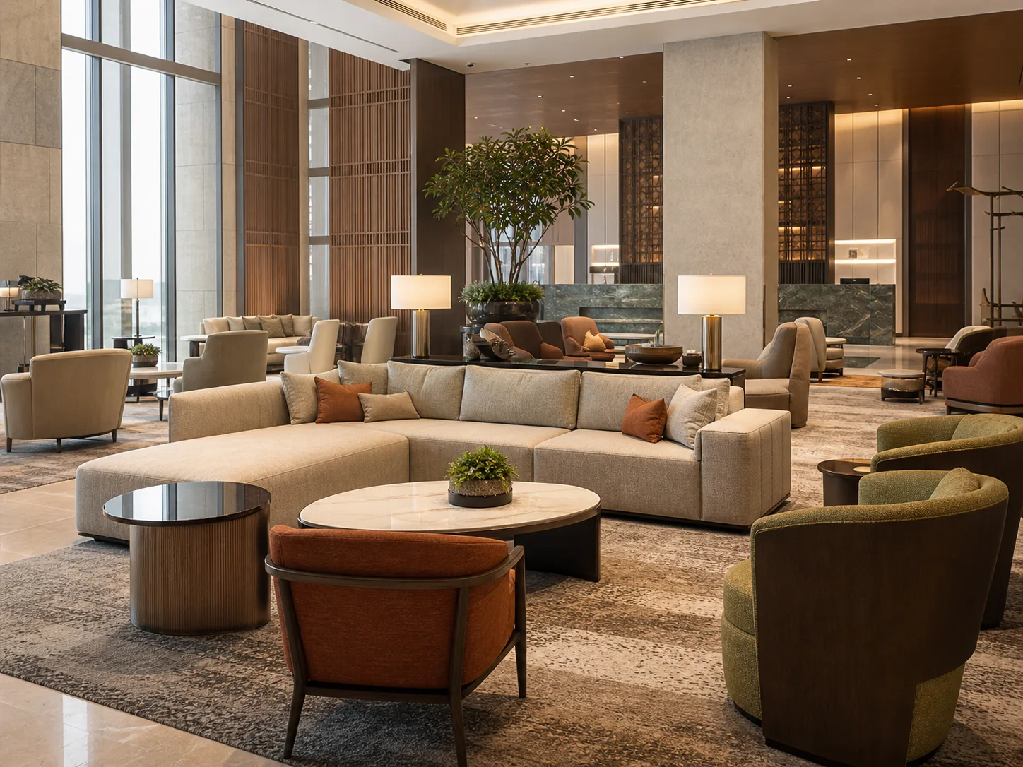 AI-generated hotel lobby concept showing coordinated hospitality seating and tables