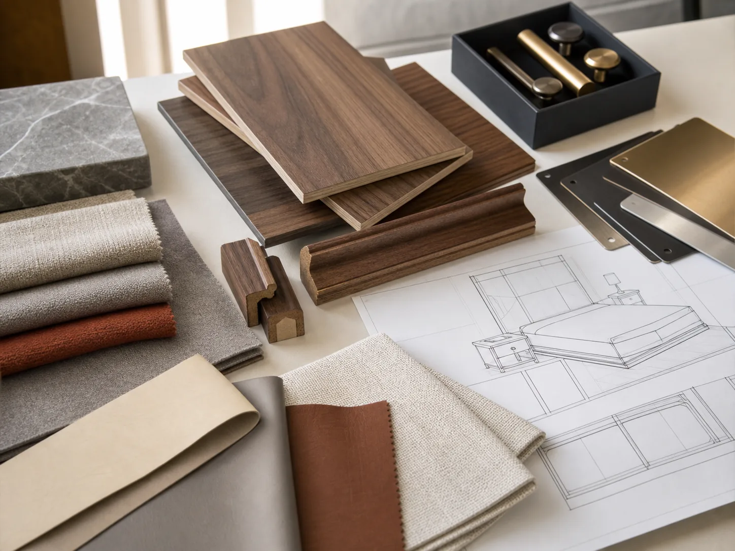 AI-generated procurement reference showing hotel furniture materials and finish samples