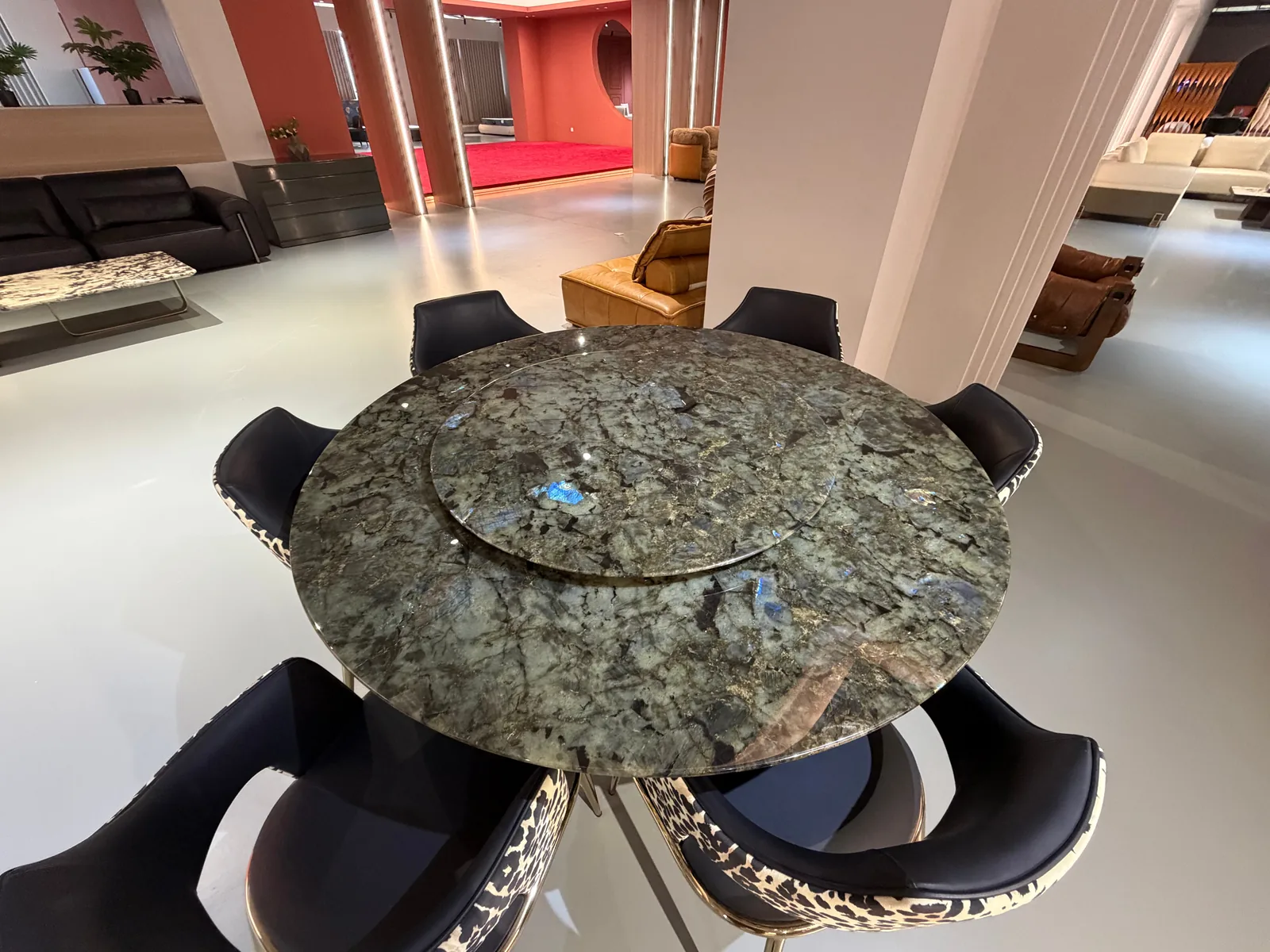 Stone table surface reviewed for finish and material selection