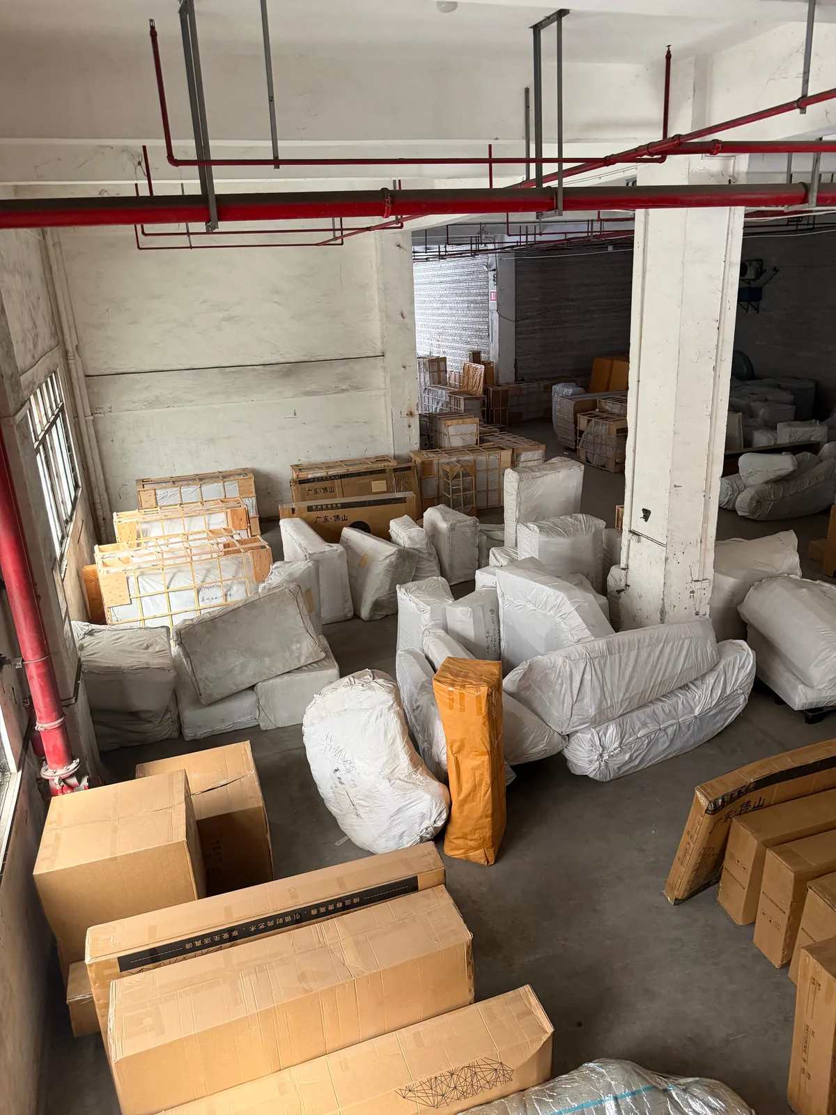 Protected custom furniture prepared in the export packing area