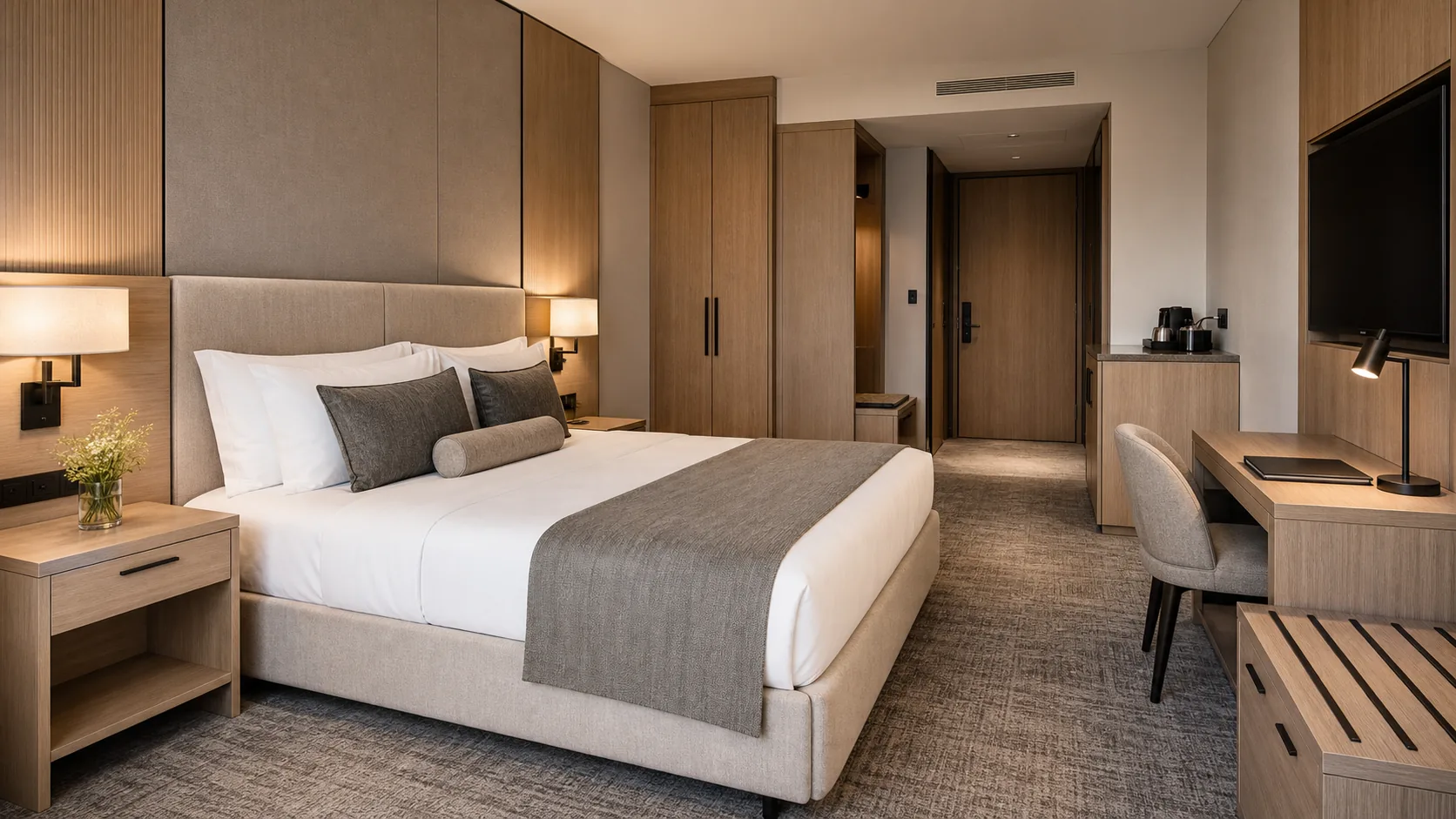 Hotel guest room with coordinated bed desk wardrobe and luggage bench