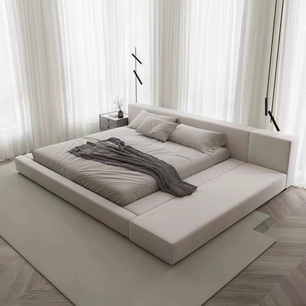 Minimalist upholstered platform bed with side bench