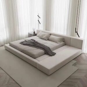 Minimalist upholstered platform bed with side bench