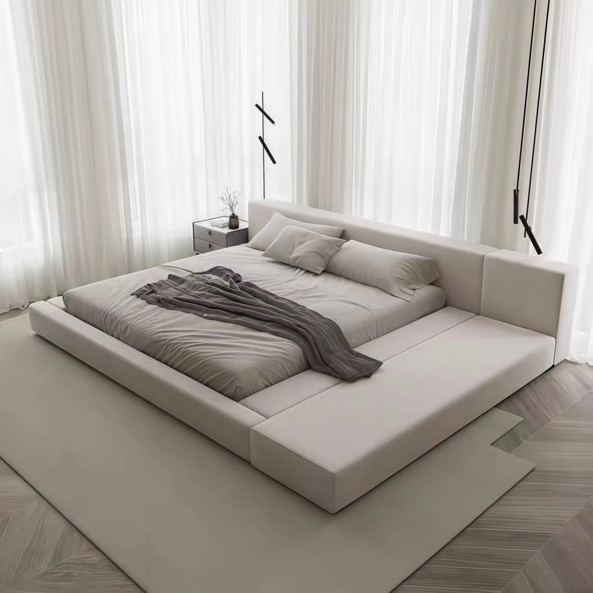 minimalist-upholstered-platform-bed-side-bench-01 Minimalist upholstered platform bed with side bench