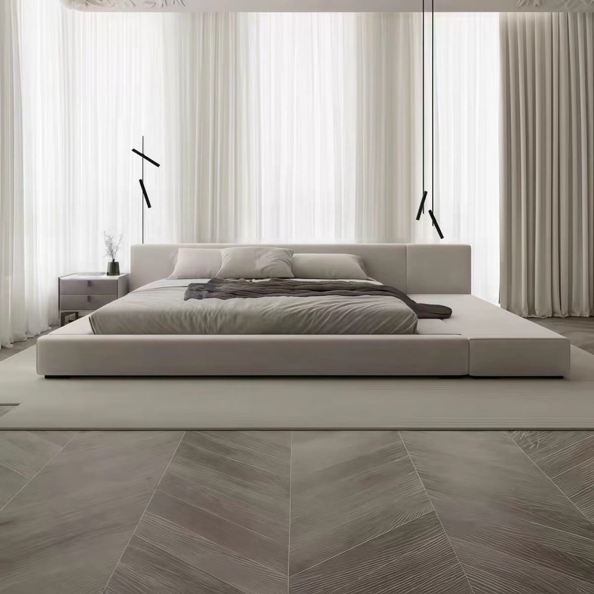 Minimalist upholstered platform bed with side bench