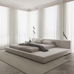 minimalist-upholstered-platform-bed-side-bench-05 Minimalist upholstered platform bed with side bench