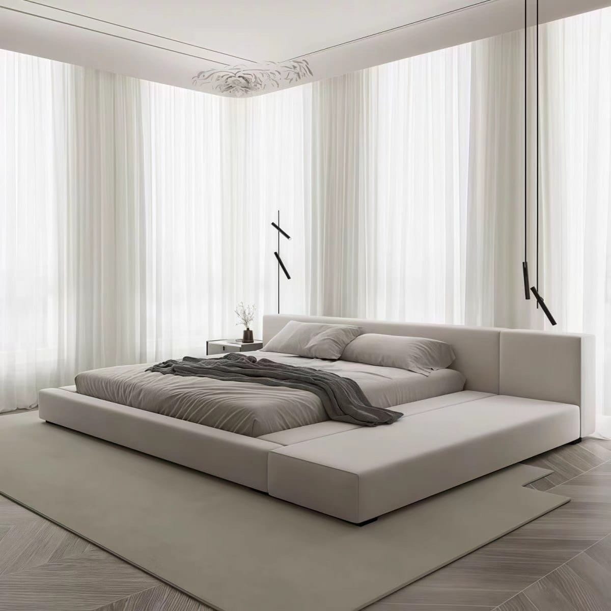 Minimalist upholstered platform bed with side bench