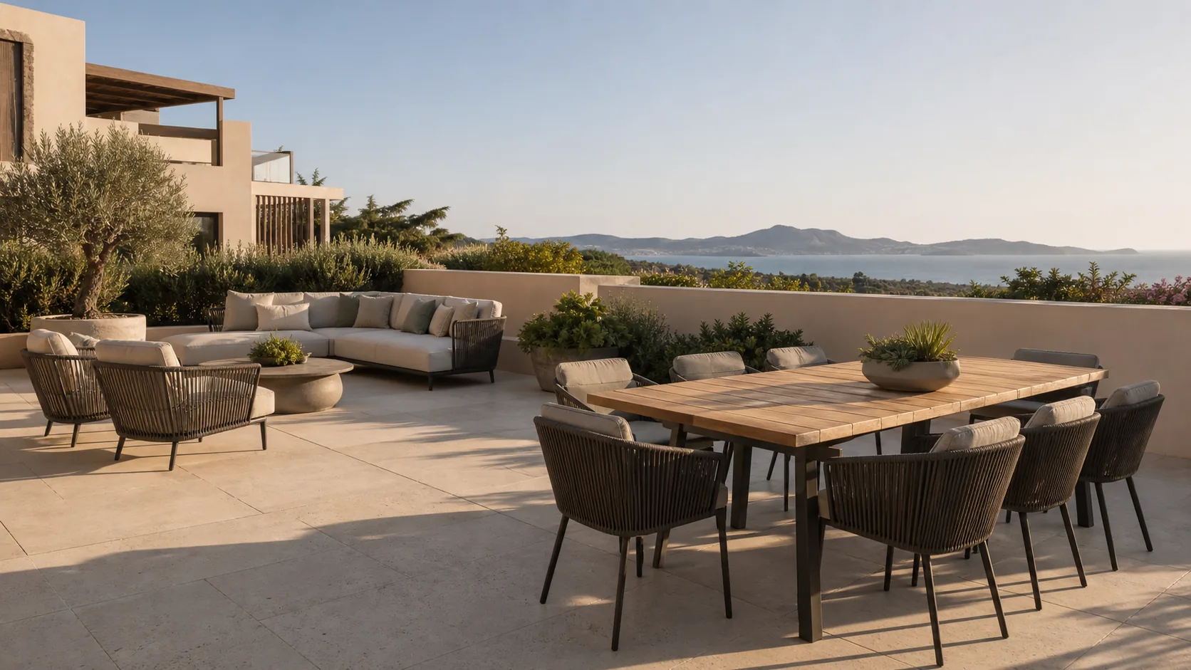 Outdoor lounge and dining furniture for a hospitality or villa terrace