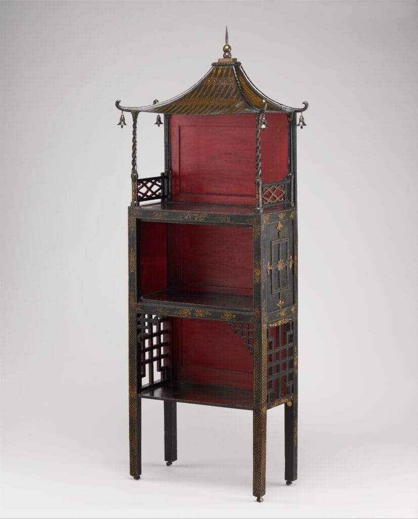 Lacquered and painted standing shelf made for the Chinese Bedroom at Badminton House
