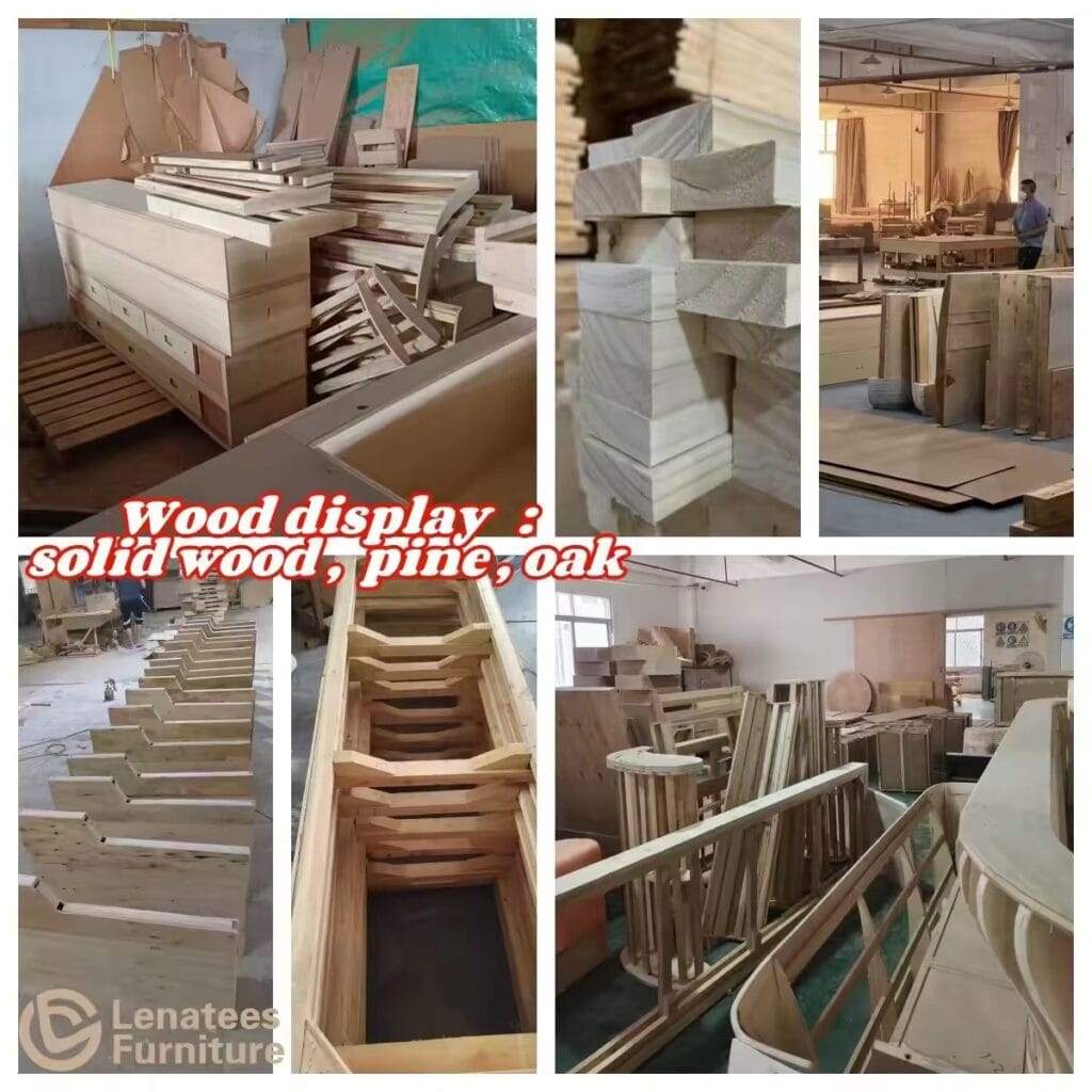 Solid wood components and furniture frames inside the Lenatees workshop