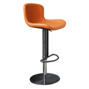 2001 orange upholstered bar chair with a curved back, pedestal base and loop footrest