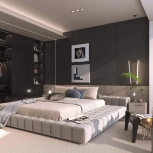 M955 Upholstered Bed with a Segmented Headboard