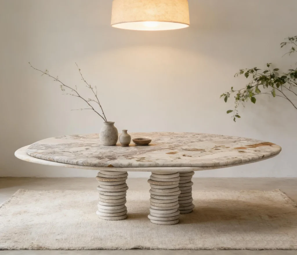 D-229 round stone-look coffee table with ribbed cylindrical legs in a neutral living room